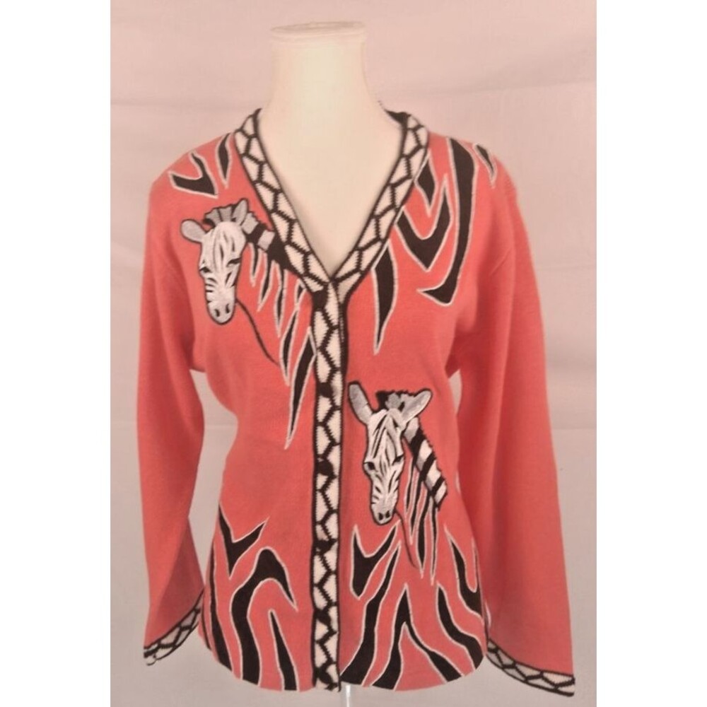 Storybook Knits Vintage Zebra Cardigan Sweater Women's Medium Coral V-Neck